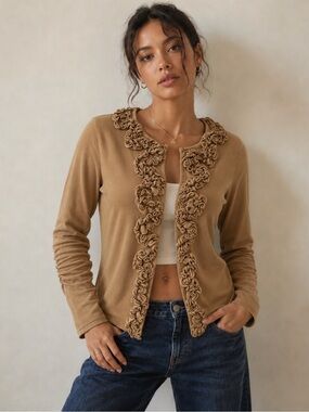 INC International Concepts Camel Ruffle-Trim Long Sleeve Top